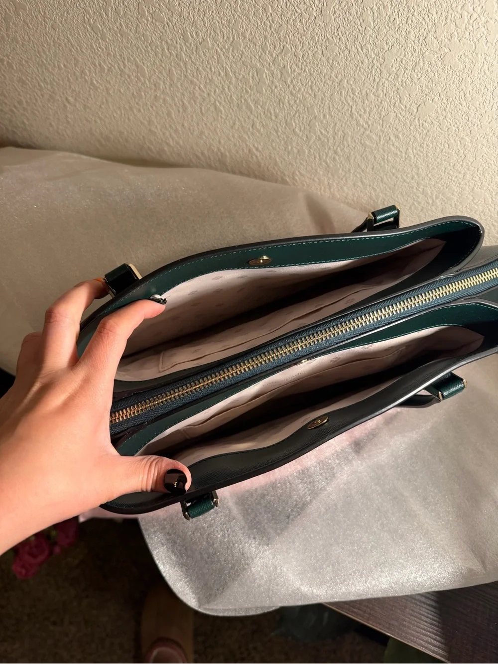 kate spade Dark Green Saffiano Leather Tote with Cream Trim